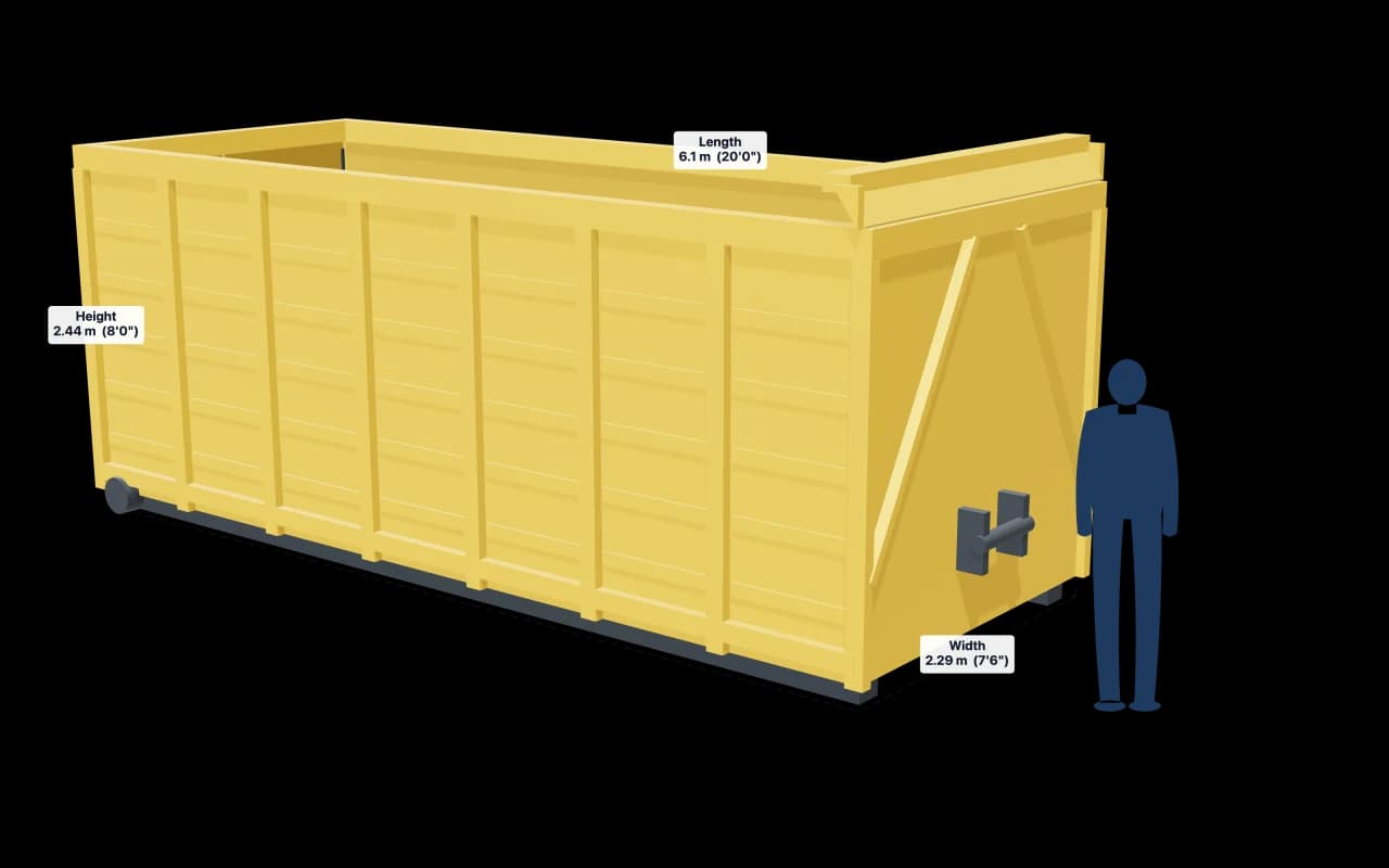 40 Yard RoRo with its dimensions marked: 20ft × 7ft 6in × 8ft
