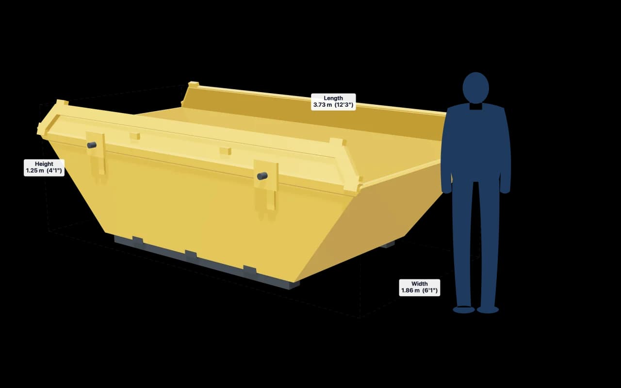 8 Yard Skip with its dimensions marked: 12ft 3in × 6ft 1in × 4ft 1in