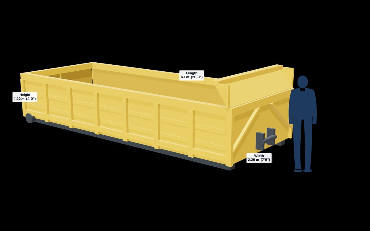 20 Yard RoRo with its dimensions marked: 20ft × 7ft 6in × 4ft