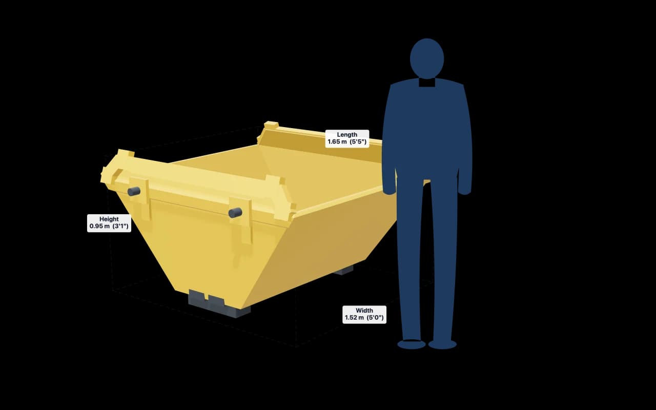 2 Yard Skip with its dimensions marked: 5ft 5in × 5ft × 3ft 1in