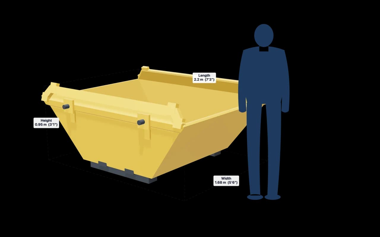 3 Yard Skip with its dimensions marked: 7ft 3in × 5ft 6in × 3ft 1in