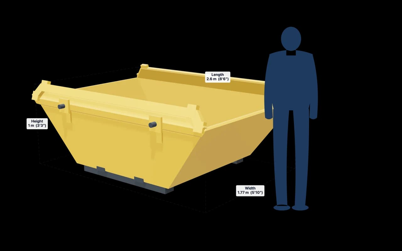 4 Yard Skip with its dimensions marked: 8ft 6in × 5ft 10in × 3ft 3in