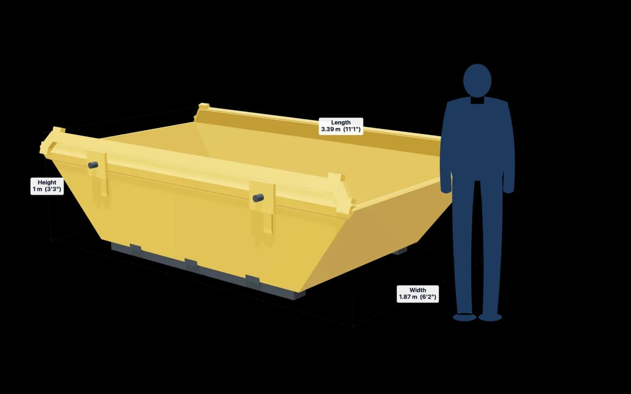 6 Yard Skip with its dimensions marked: 11ft 1in × 6ft 2in × 3ft 3in