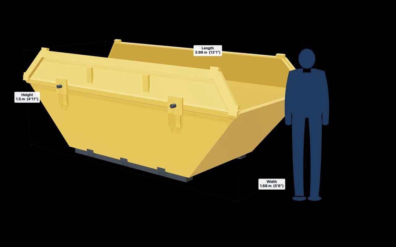 10 Yard Skip with its dimensions marked: 13ft 1in × 5ft 6in × 4ft 11in