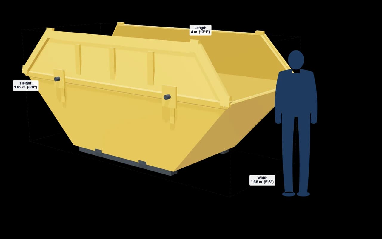 12 Yard Skip with its dimensions marked: 13ft 1in × 5ft 6in × 6ft