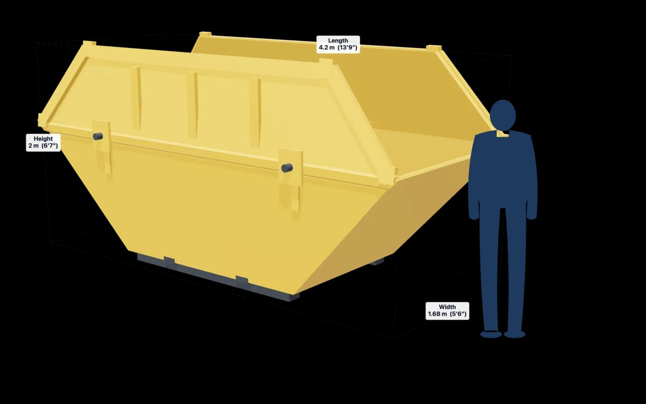 14 Yard Skip with its dimensions marked: 13ft 9in × 5ft 6in × 6ft 7in