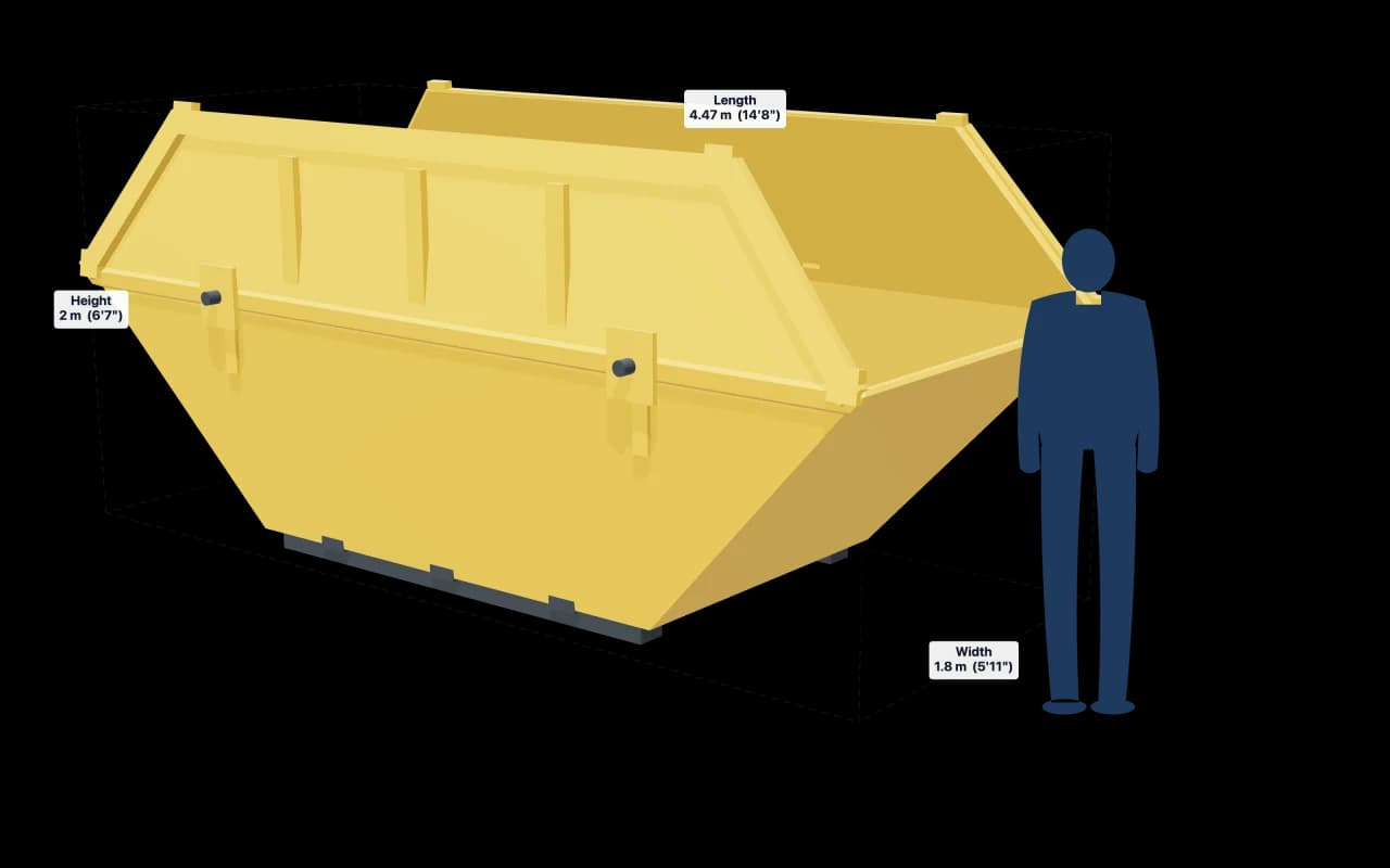 16 Yard Skip with its dimensions marked: 14ft 8in × 5ft 11in × 6ft 7in